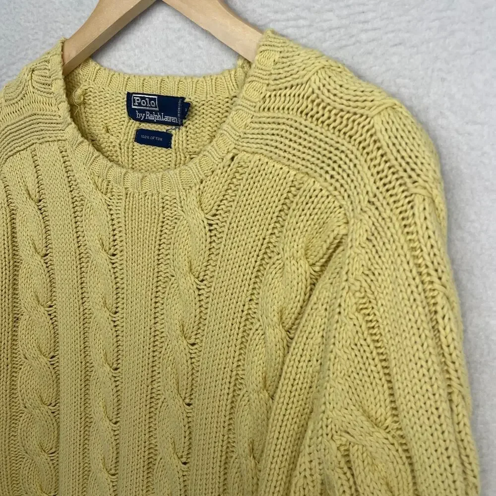 POLO RALPH LAUREN Sweater Mens L Cable Jumper Pullover Cotton Yellow HK VTG